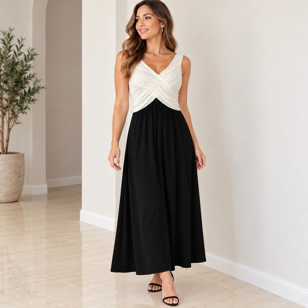 AA Studio AA Women 14 White Glitter Black Colorblock Pleated V-Neck Maxi Dress